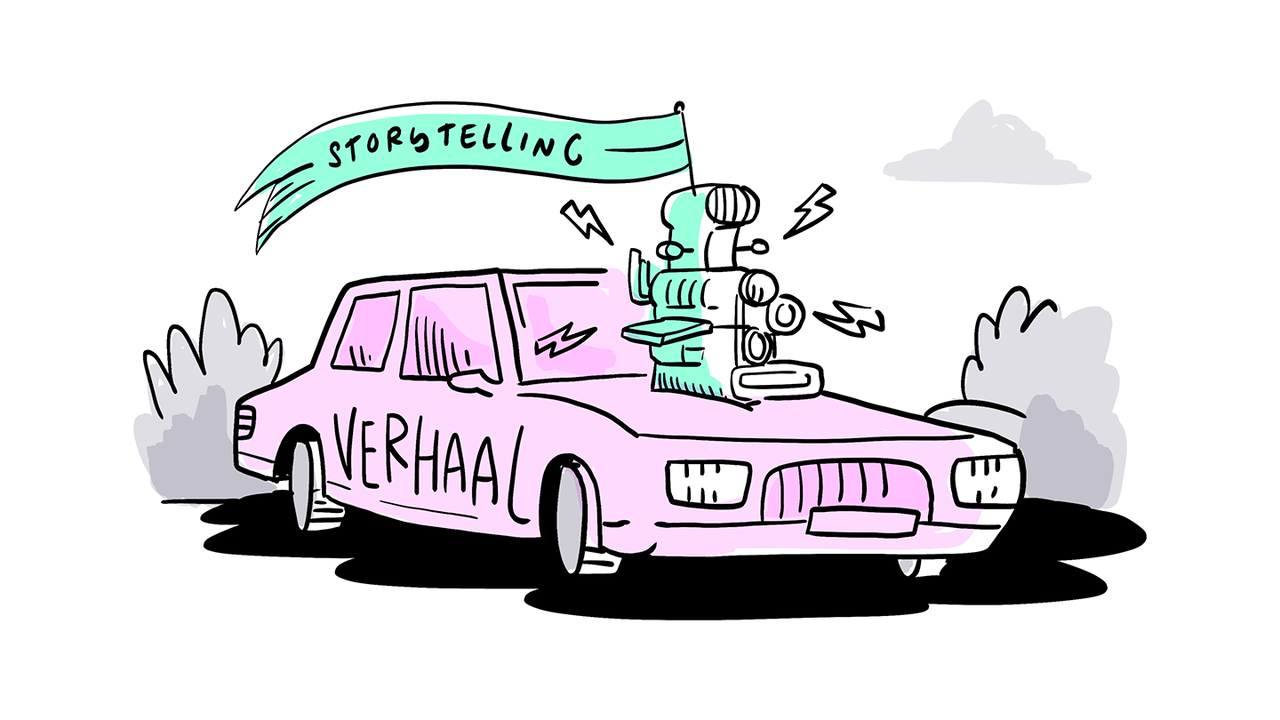 Een visualisatie van het concept storytelling waarbij de auto het verhaal is en storytelling de motor